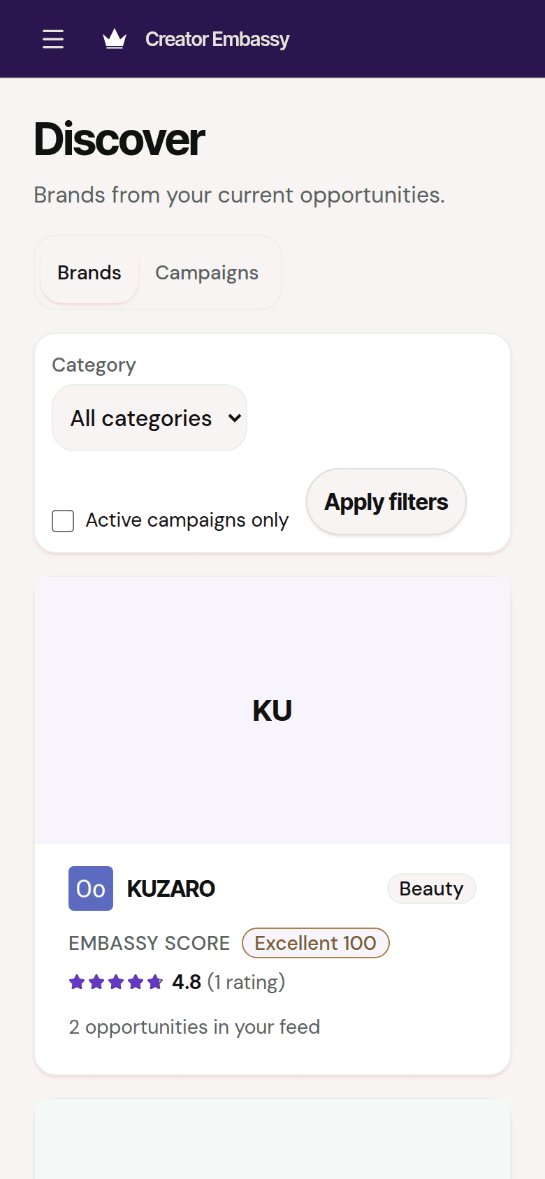 Creator discovery showing brands and campaign opportunities